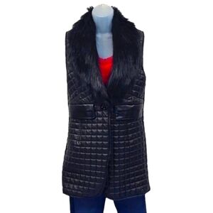 Wenxi Quilted Puffer Mid Length Faux Fur Vest Pockets Button Sleeveless Jacket